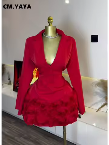 CM.YAYA Women 3D Rose Flower Long Sleeve V-neck Mini Midi Dress 2026 Fall OL Street Work Elegant Vac