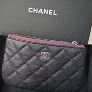 香奈兒 Chanel 一字零錢包 晶片款 黑銀色 荔枝牛皮 全新未使用