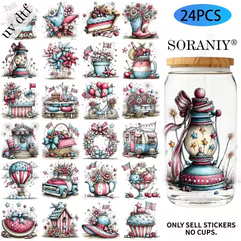24PCS/Set Whimsical Summer Fourth Of July Seal Themed UV DTF 16OZ DIY Transfer Paper Set Used For 16