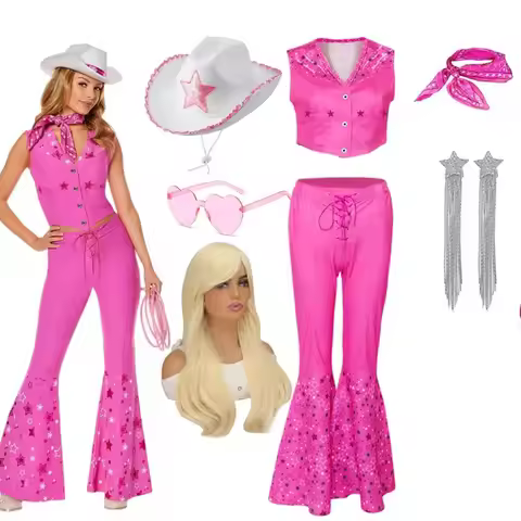 2025 Halloween Cosplay Lovely Cowgirl Suit Pink Vest Top and Flared Pants Adult and Kids Margot Robb
