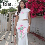 MsMona Women 2024 Bouquet Text Print Short Sleeve Hip Wrap Slim Dress Sets