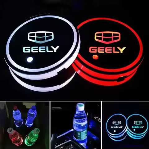 2PCS Car Luminous Coaster LED Ambiance Light Accessories For Geely Logo atlas coolray mk cross emgra