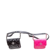 Chanel Black and Pink Quilted Patent Double Mini Flap Waist Bag Silver Hardware, 2020