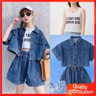 [HM] Big Kid Denim Two-Piece Suit Girls Suit Children Sports Casual Wear