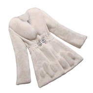 Women Winter Coat Fuzzy Faux Fur MId Length Rhinestone Buckle Elastic Slim Waist Solid Color Thick O