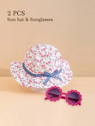 2入組嬰兒漁夫帽和花朵太陽眼鏡,適用於幼兒女童春夏假期陽光防護,配通透透氣面料,防uv