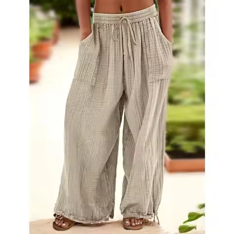 Plus Size Women's High Elastic Waist Casual Harem Pants Solid Color Bandage Wide Leg Pants with Pock