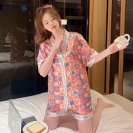 PhxStyle ชุดนอนผ้าไหมน้ำแข็งสองชิ้น กางเกงขาสั้นฤดูร้อนของผู้หญิง V คอ Lapel Homewear ชุดลำลอง Homew