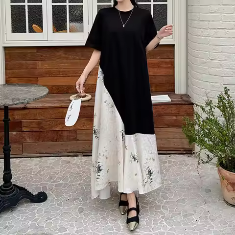 New 2025 Summer Women's Dresses Loose Plus Size Lady Patchwork Jacquard Vestidos Chinese Style Fake 