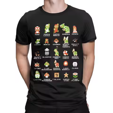 Men Super Marios 8-bit Pixel Icons List Vintage T Shirts 100% Cotton Clothing Leisure O Neck Tee Shi
