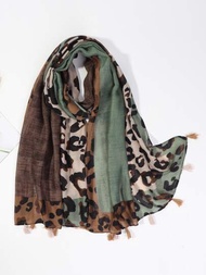 件豹紋流蘇裝飾圍巾