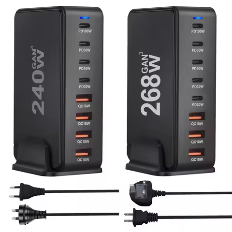 268W 240W Desktop GaN Quick PD Charger 8 Ports USB Type C USA EU AUS UK Plug Adapter Mobile Phone La