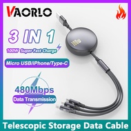VAORLO 3 IN 1 6A USB C Cable Retractable Fast Charger Wire 1.2M 100W USB Type-C Cable For Micro Andr
