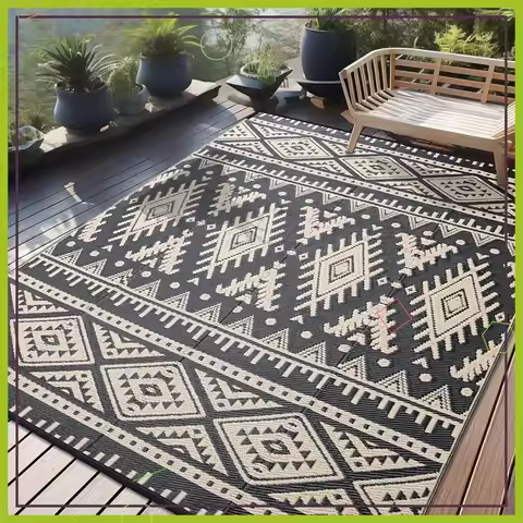 Waterproof 9x12 ft Outdoor Rug, Reversible Boho Patio Carpet for Camping, Picnic, Balcony, Black & B