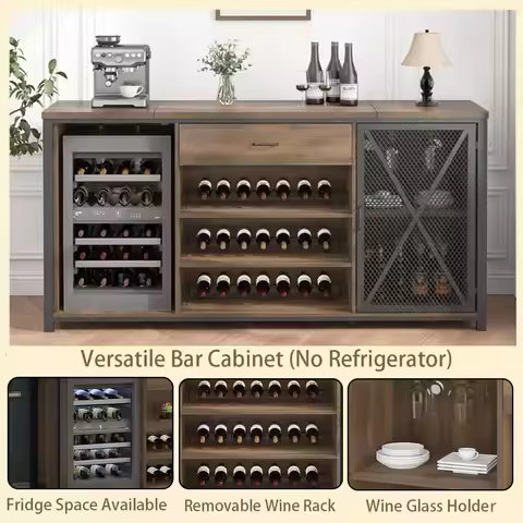 70.9” Bar Cabinet with Fridge Space, Long Liquor Cabinet with Wine Coolers Space, Large Wood Coffee 