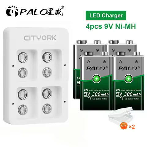 PALO 9V NI-MH Rechargeable Battery 300mAh USB Smart Battery Charger For 9 Volt 6F22 9V NiCd NiMh Lit