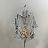 Set of big size loose striped shirts with cool, light form standing linenShorts – SET865