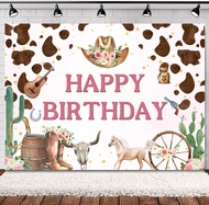 SVBright Western Cowgirl Birthday Backdrop 7Wx5H Wild West Rodeo Brown White Cow Print Cactus Floral