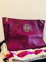 *99% New* Tory Burch britten small slouchy tote/shoulder bag pink raspberry 真皮桃紅色TB荔枝紋手袋 #單肩包