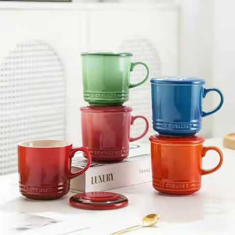 Le Creuset Style 12oz Orange Enamel Ceramic Mug with Lid for Coffee Tea Cocoa And Everyday Use
