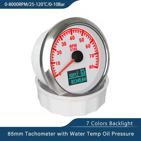 New Universal 85mm 3 in 1 Tachometer 3k 4k 6k 7k 8k RPM with Oil Pressure Hours Water Temp Meter 7 C