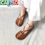 KY/🏅Cartelo Crocodile（CARTELO）2023Summer New Genuine Leather Hole Shoes Women's Soft Bottom Casual round Toe Flat Shoes