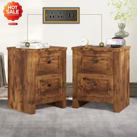 Farmhouse Nightstand Set of 2 with Charging Station, Rustic Brown | Rustic Bedside Table with 2 Draw