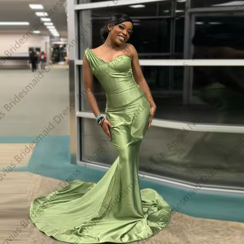 Customized Long Mermaid Sage Green Bridesmaid Dresses One Shoulder Formal Party Dress Vestido De Mad