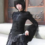 （BJYX) Harajuku Fairy Cross Embroidery T Shirts Grunge Irregular Black Women Pleated Tops Y2k Aesthe