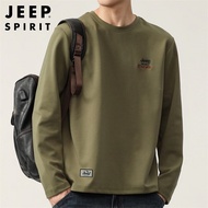 JEEP SPIRIT吉普长袖T恤男秋季重磅纯棉上衣刺绣打底衫圆领衣服 军绿 XL