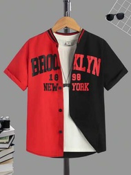 SHEIN 適合青少年男孩的字母圖案兩色調棒球領襯衫,無內搭t恤