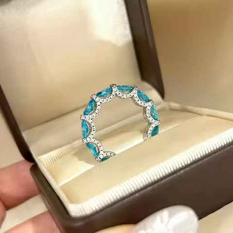 Ring diamond aquamarine Luxury 18K white gold and platinum PT950 full diamond aquamarine 4*6 oval do