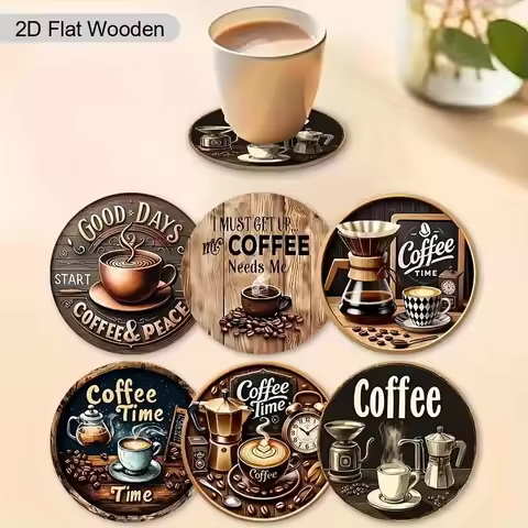 2D 6pcs Retro Coffee Time Wooden Napkin Set Coffee-Themed Design for Home Office Cafe Tabletop Decor