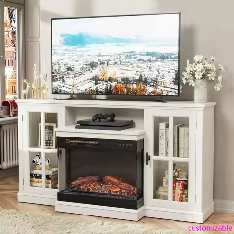 2025-New-Fireplace TV Stand , 3-Sided Glass Media Entertainment Center Console Table LED Color for L