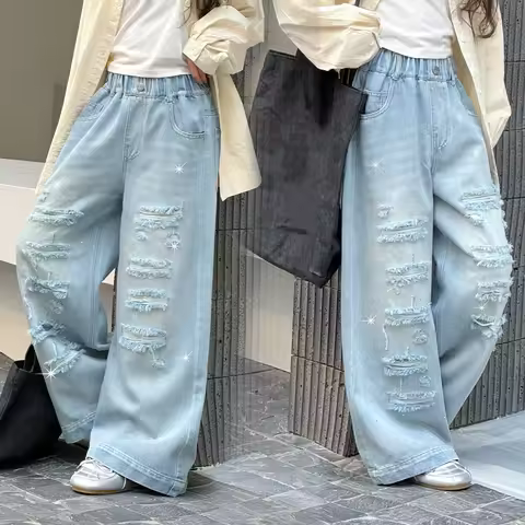 Brief Style Kids Girls Loose Straight Ripped Jeans with Holes For Teens Child Casual Broken Light Bl
