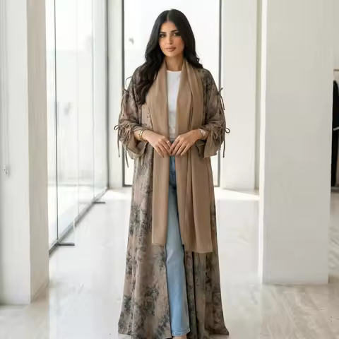 Muslim Women 2-Piece Floral Print Cardigan Coat Hijab Set Long Sleeve Outerwear Daily Wear Office Mo