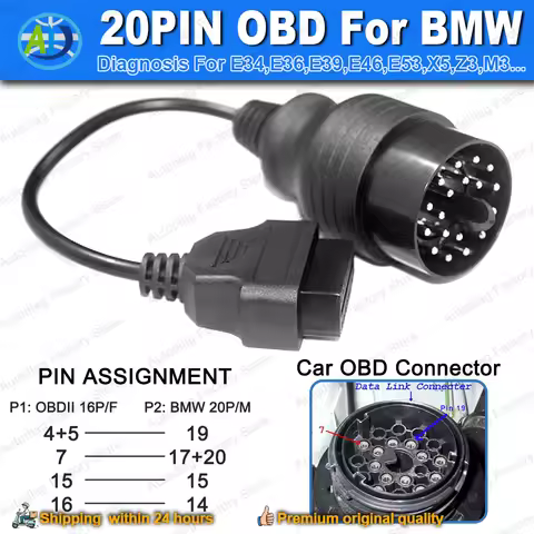 20 Pin OBD to OBD2 Cable For BMW E31/E32/E34/E36/E38/E39/E46/E53/X5 OBD2 Diagnostic Cable For BMW OB