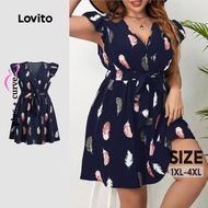 Lovito Plus Size Curve Boho Feather Ruffle Belted Dress for Women LBL24582