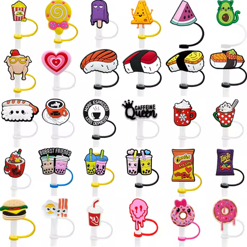 1-30PCS 8MM Cheese Sushi Straw Covers Cap,Cute Snack Silicone Straw Topper Cup Accessories,Hamburger