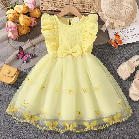 Dress For Girls Yellow O-Neck Fly-Sleeve Tulle Bowknot 8-12 Years Summer Elegant Sweet Style Princes