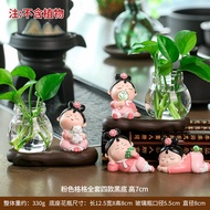 Cute Healing Pink Gaggle Flower Vase Living Room Small Ornament Transparent Glass Bottle Green Ivy A