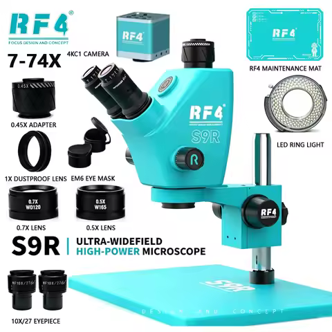 RF4 S9R Trinocular Microscope 7-74X Continuous Zoom 27MM Ultra Wide Field HD Sharp Imaging for Phone