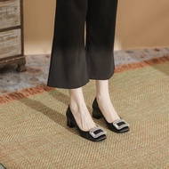 High Heels Square Toe Thick Heel Crystal Square Buckle Fashion Women's Shoes Size 35-39