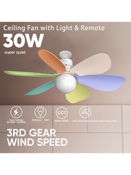 1入組30w 16.5"小型現代風扇,帶燈和遙控器- E27螺紋家用迷你吊扇燈,適用於廚房,餐廳和臥室-無需布線！