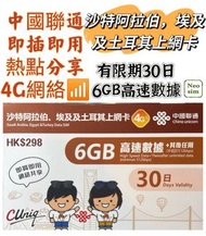 沙特阿拉伯/ 埃及/ 土耳其 【30日 6GB FUP】4G極高速 無限數據卡 上網卡 電話卡 旅行電話咭 Data Sim咭