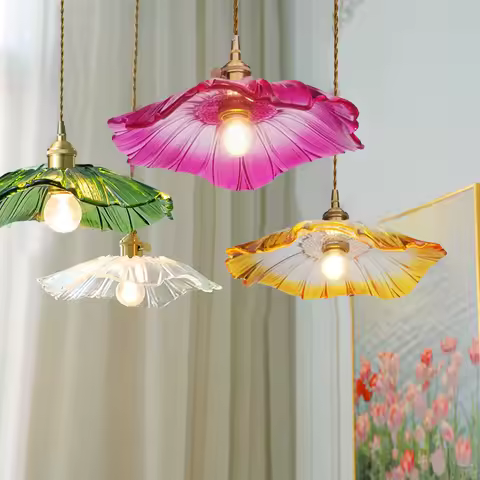 Retro Lotus-shaped Glass Pendant Lamp for Home Cecoration Lighting Dining Room Bedroom Bedside Long-