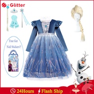 Elsa Frozen Snow Queen Elsa Anna Princess Baby Dress for Kids Girl Sequin Mesh Costume Wig Crown Wand Gloves Kid Toddler Clothes Birthday Gift Party Clothing Outfit Full Set