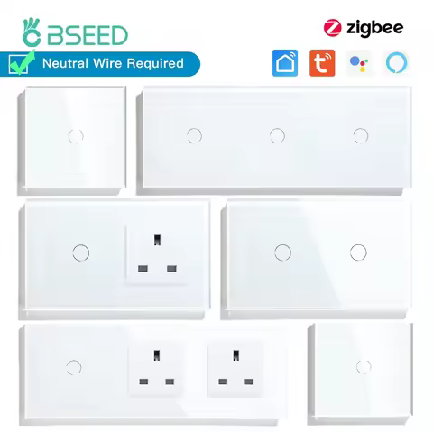 BSEED Zigbee 1/2/3Gang Touch Switches 1/2/3Way Tuya Smart Life App Control With UK Sockets Glass Pan