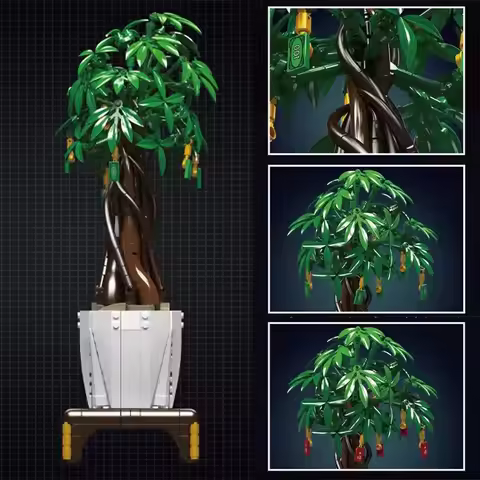 905PCS Simulation Pachira Macrocarpa for Adults DIY Mould King Toys Money Tree Bonsai Building Brick