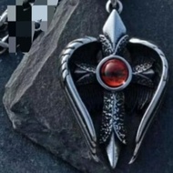 Kalung Rantai Salib Sayap Red Cross Wing Stone Chain Necklace Bandul Batu Merah Garpu Fork Pendant C